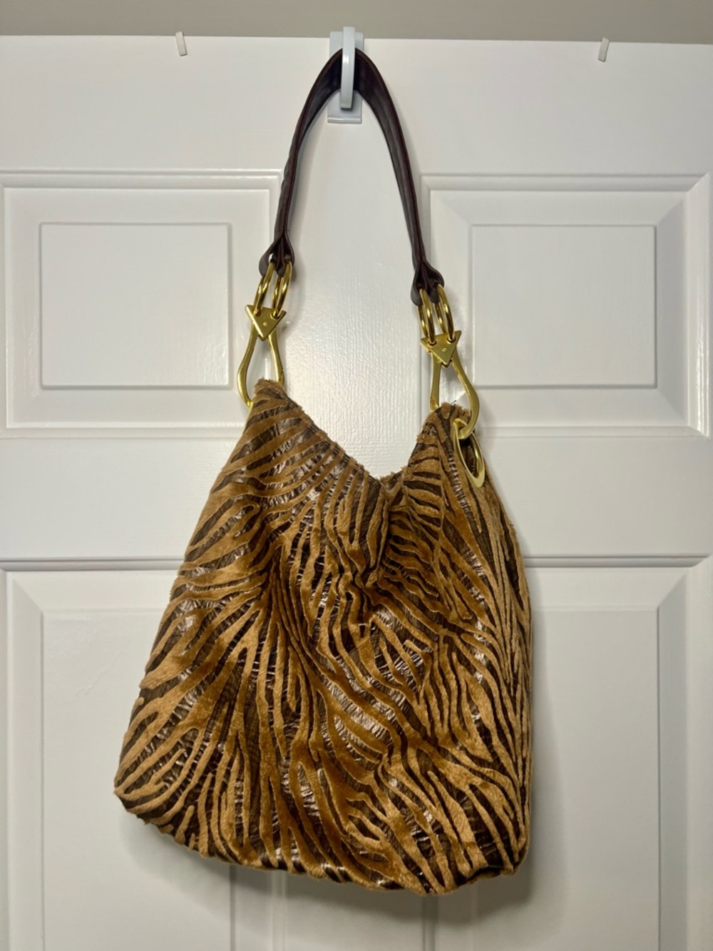 Vintage Braciano Brown Zebra-Print Hobo Bag with Gold Hardware